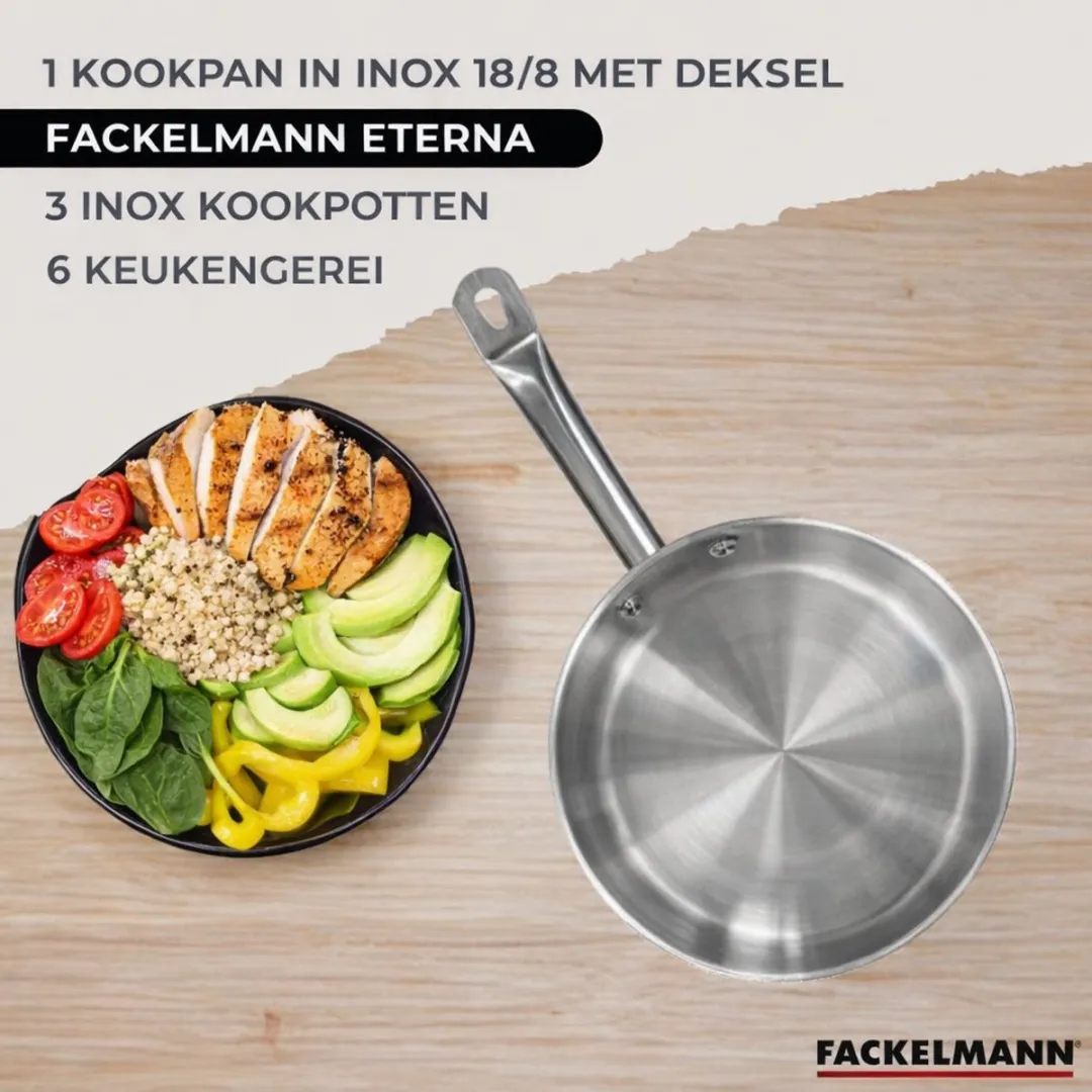 Fackelmann Kookset 9353650 - 1 Pan 24cm + 3 Steelpannen 16/20/24cm - 6 Keukengerei