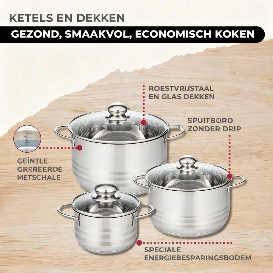 Fackelmann Etherna Set RVS Kookpannen & Pannen 16/20/24cm & 20/24/28cm - 6-delig - Roestvrij staal - afbeelding 6 van 6