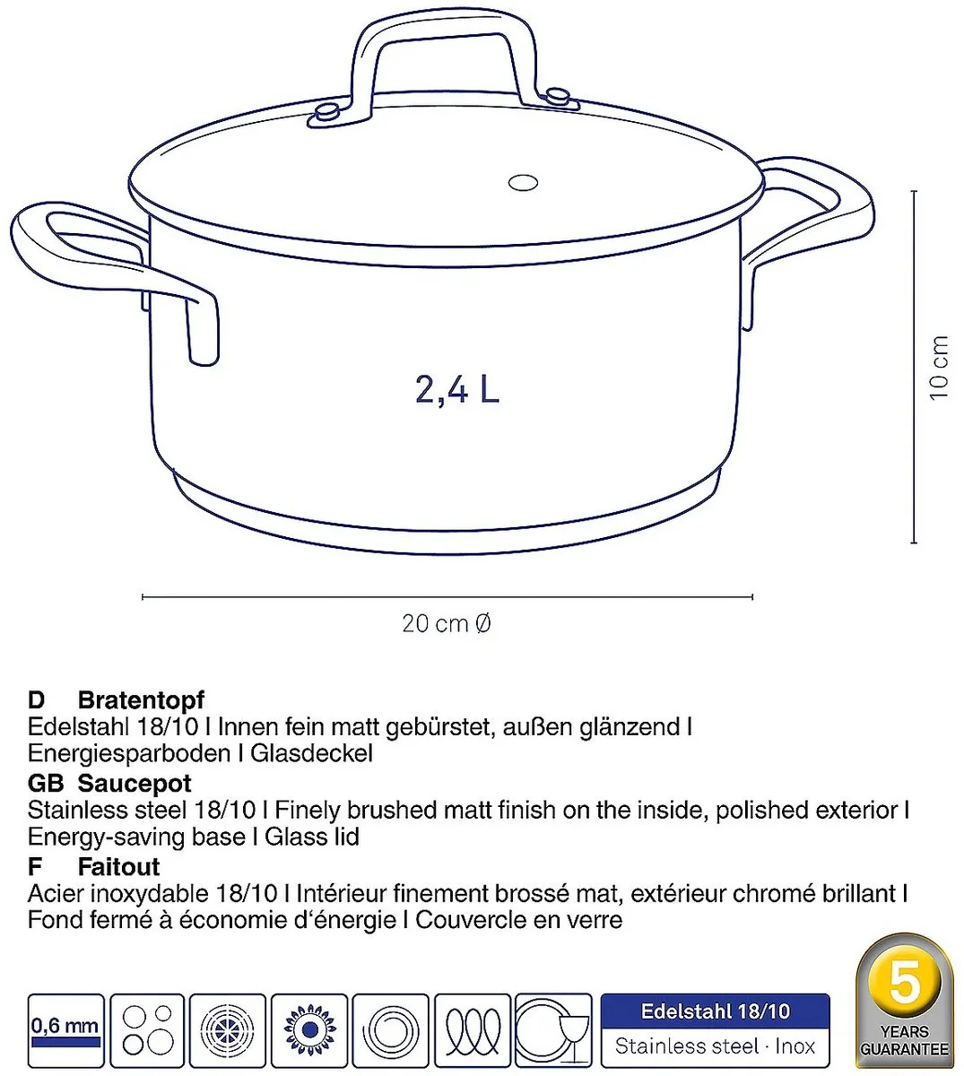 Kela RVS Kookpan 2,4L - 20cm - Zilver - afbeelding 6 van 6