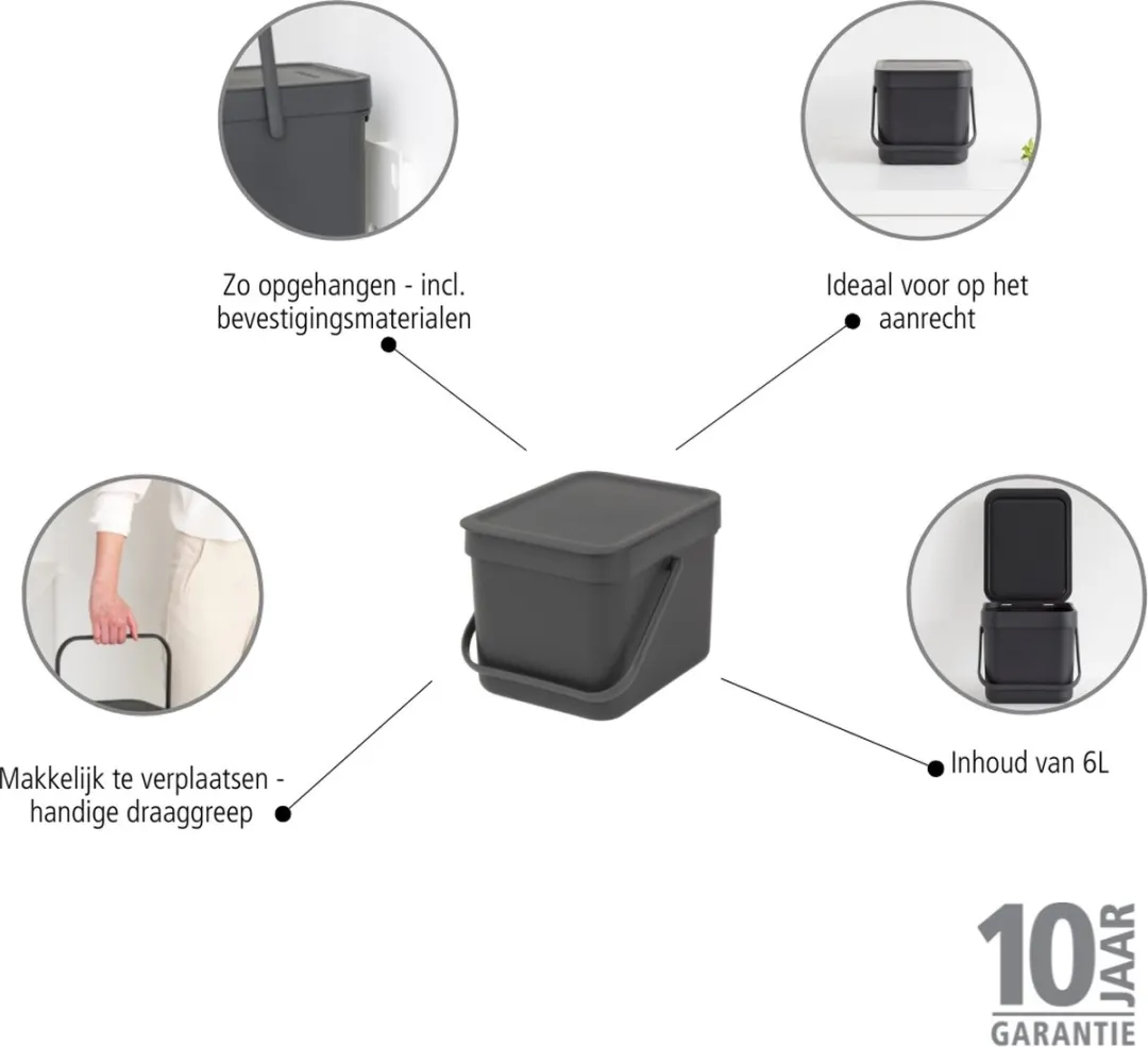 Brabantia Sort & Go Prullenbak 6L - Dark Grey