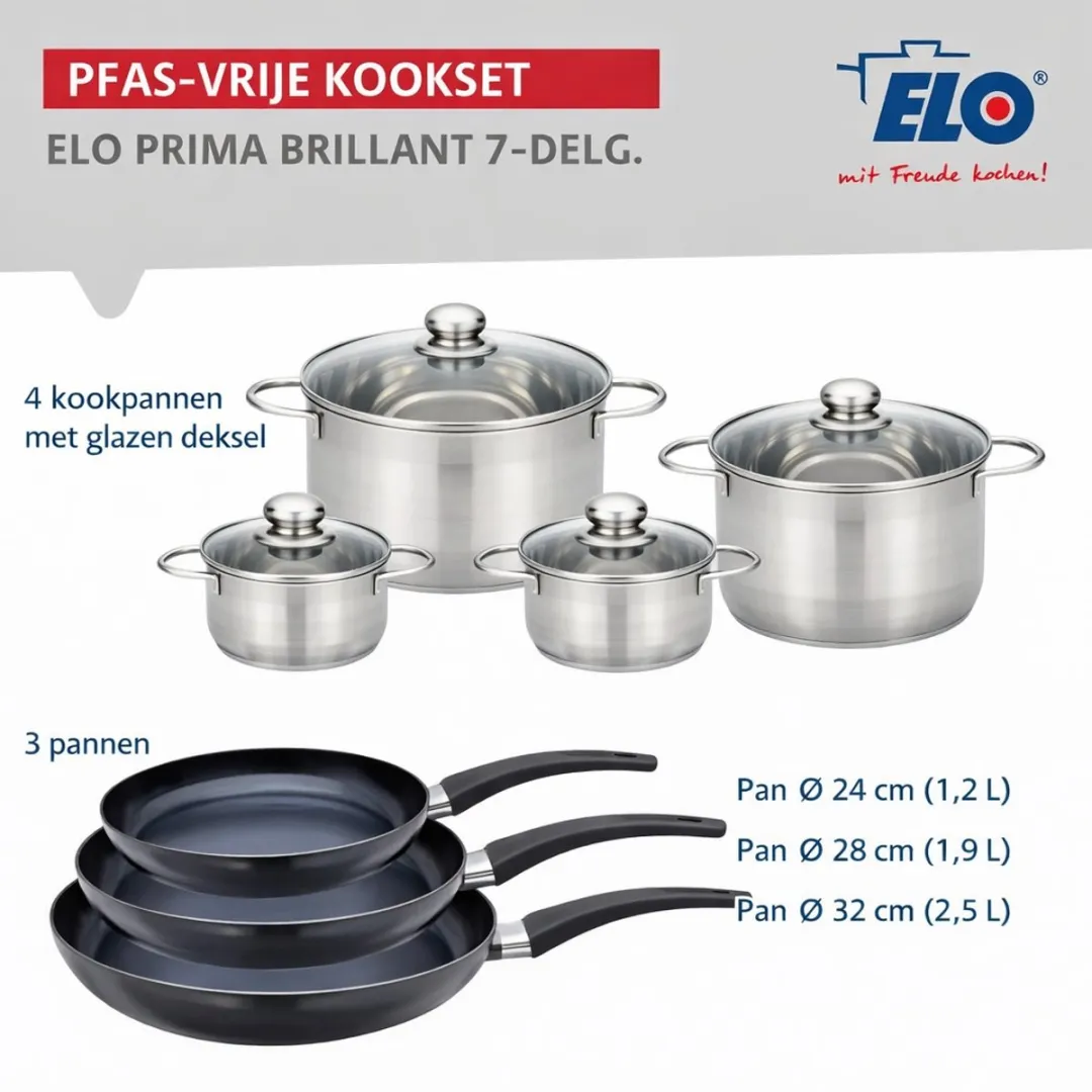 Fackelmann Elo 9752450 Keukenset 7-delig - 3 Bakpannen 24/28/32cm + 4 Kookpotten 12/16/20/24cm - Roestvrij staal