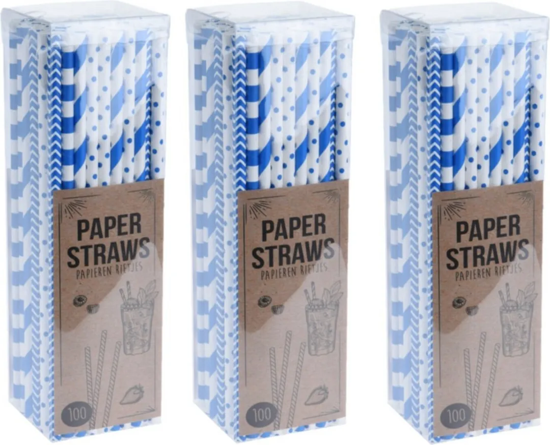 Excellent Houseware Papieren Drinkrietjes Blauw 300 Stuks