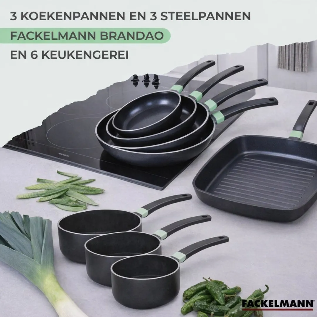Fackelmann 9433250 Set Kookpannen 16-28cm - 3+3+6 Stuks - Antiaanbak - Inductie - Zwart/Groen