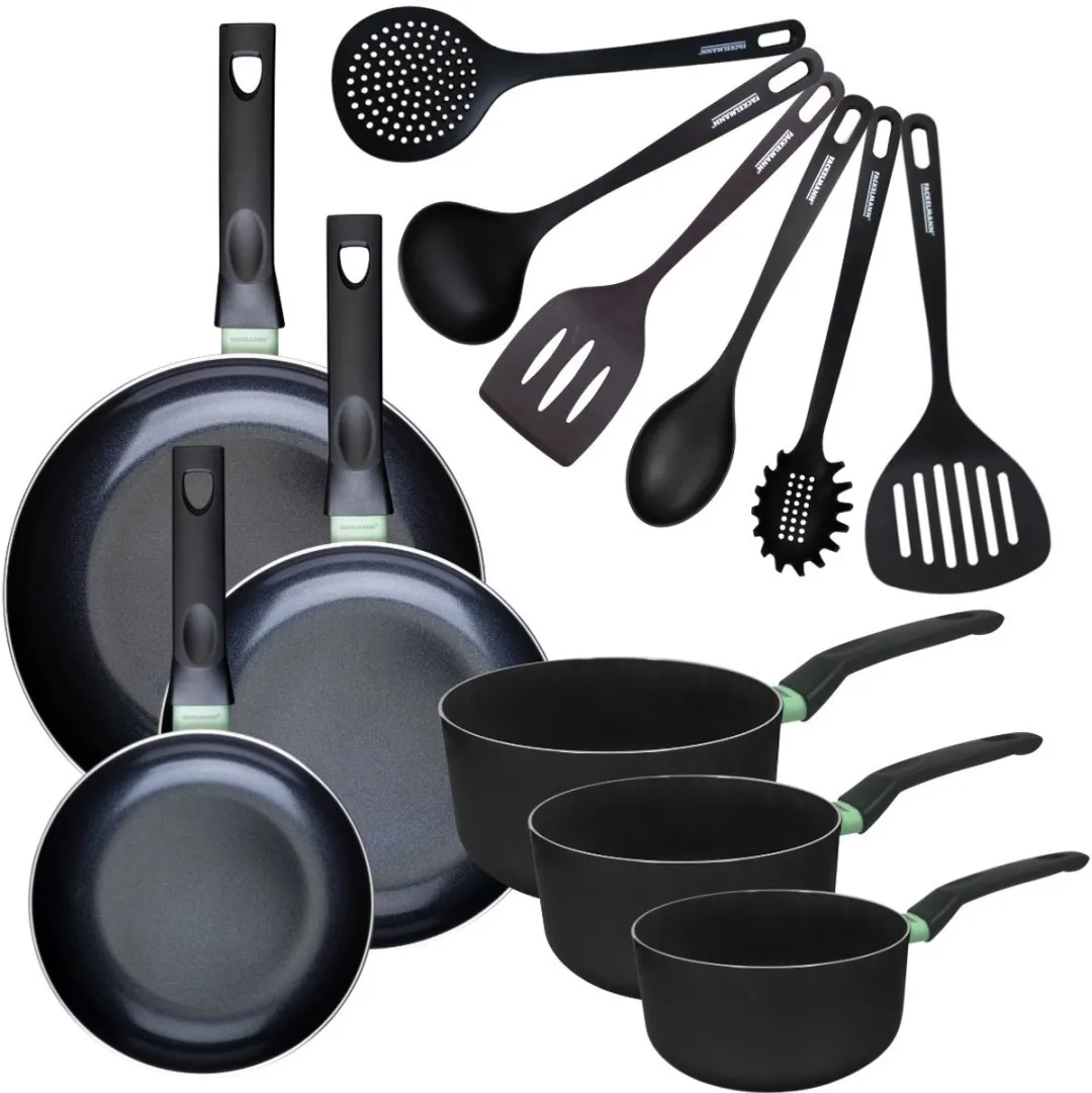 Fackelmann 9433250 Set Kookpannen 16-28cm - 3+3+6 Stuks - Antiaanbak - Inductie - Zwart/Groen