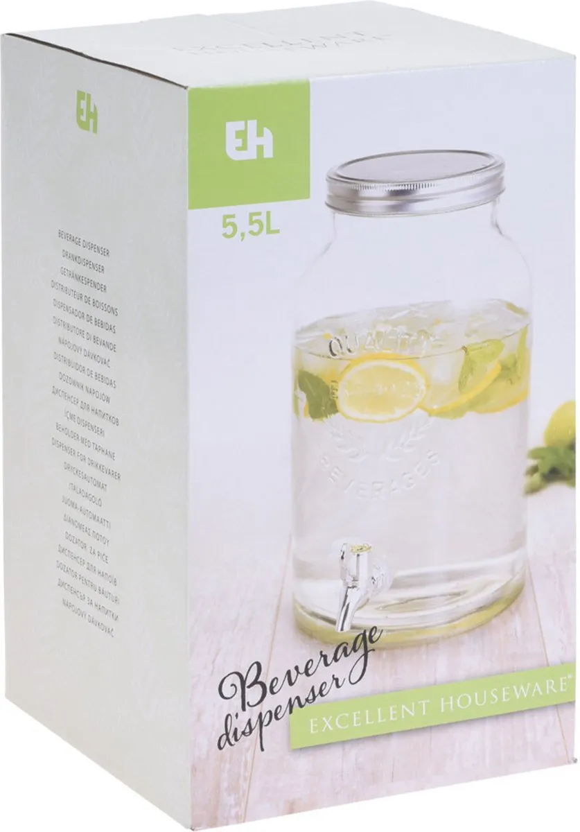 Excellent Houseware Hanoo Drankdispenser 5,5L - Glas - Zilver
