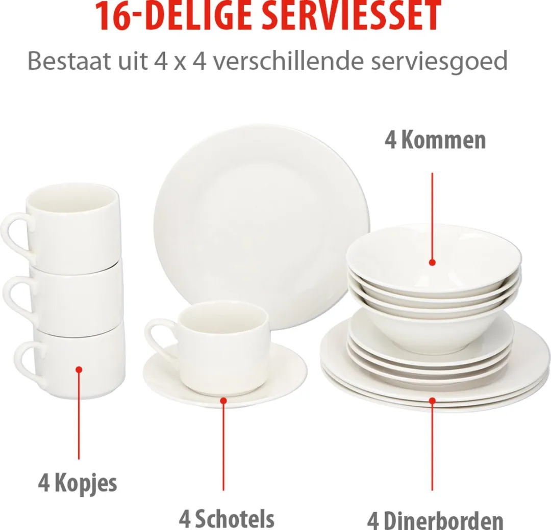 Alpina Serviesset 16-delig - 4 persoons - Aardewerk - Wit - afbeelding 6 van 6