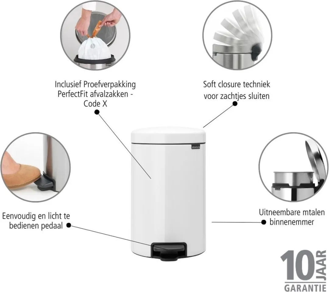 Brabantia NewIcon Prullenbak 12L - Wit met metalen binnenemmer