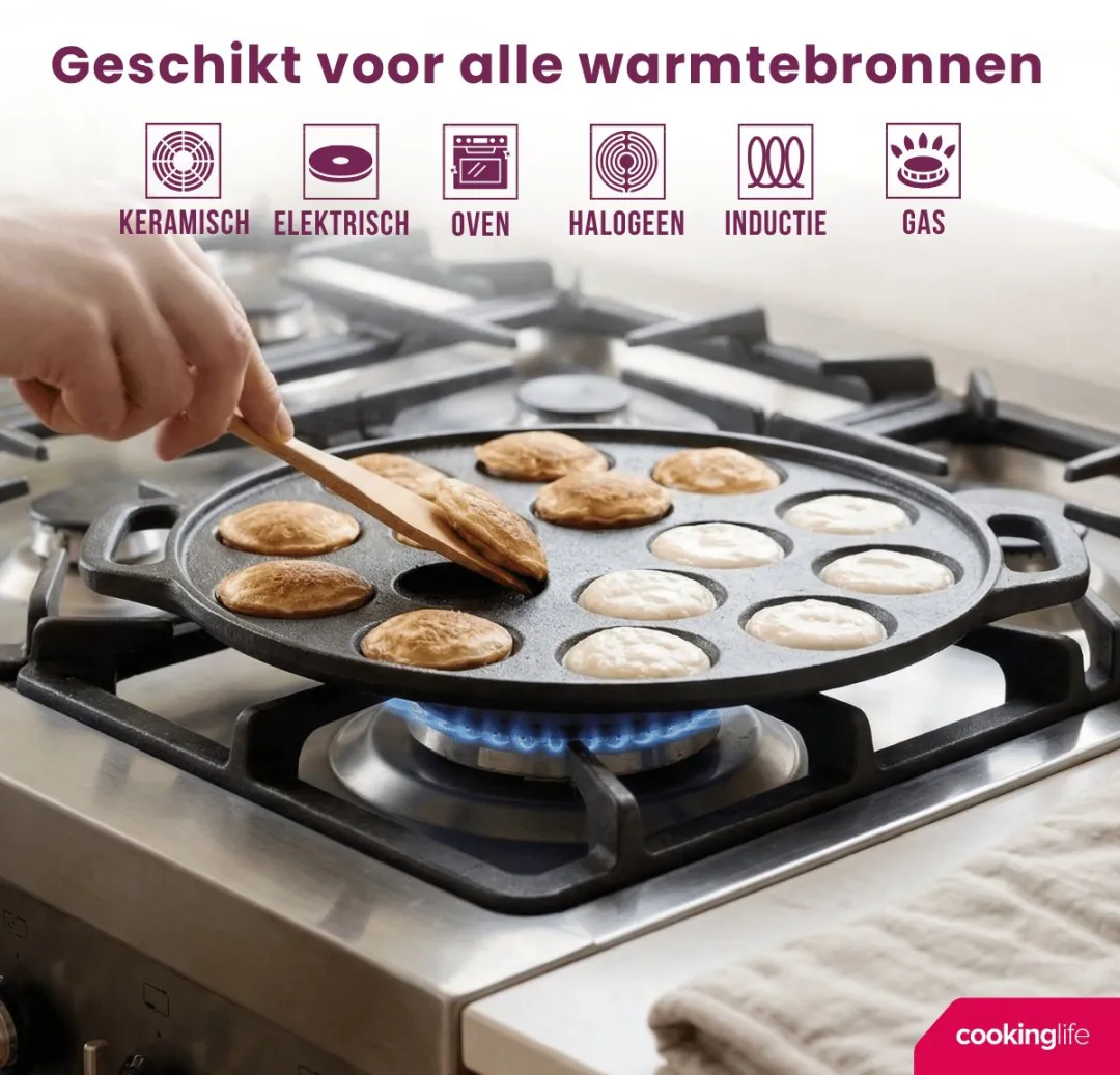Cookinglife Poffertjespan Gietijzer 24cm - 15 Poffertjes - Zwart