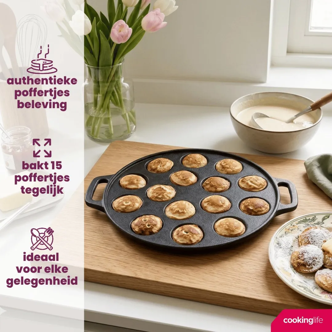 Cookinglife Poffertjespan Gietijzer 24cm - 15 Poffertjes - Zwart