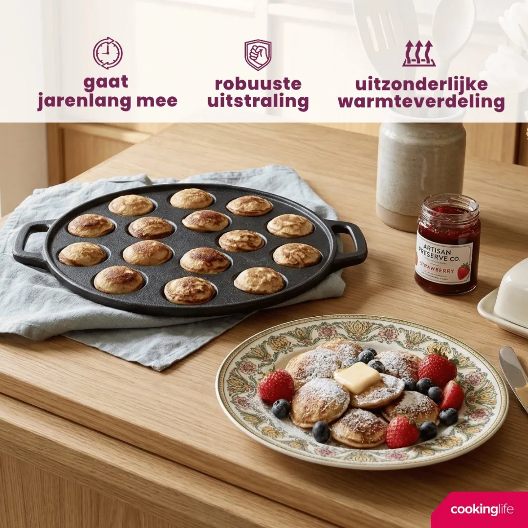 Cookinglife Poffertjespan Gietijzer 24cm - 15 Poffertjes - Zwart