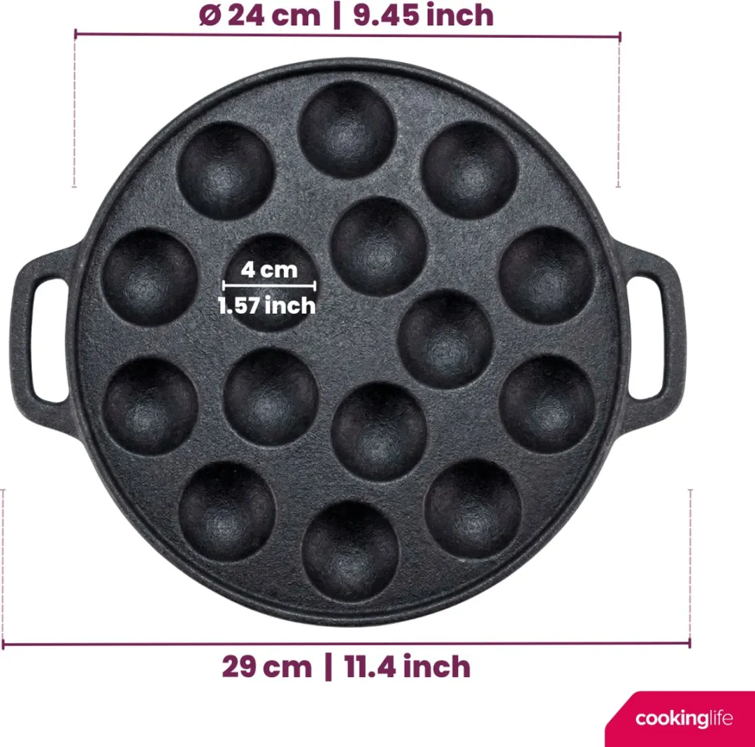 Cookinglife Poffertjespan Gietijzer 24cm - 15 Poffertjes - Zwart