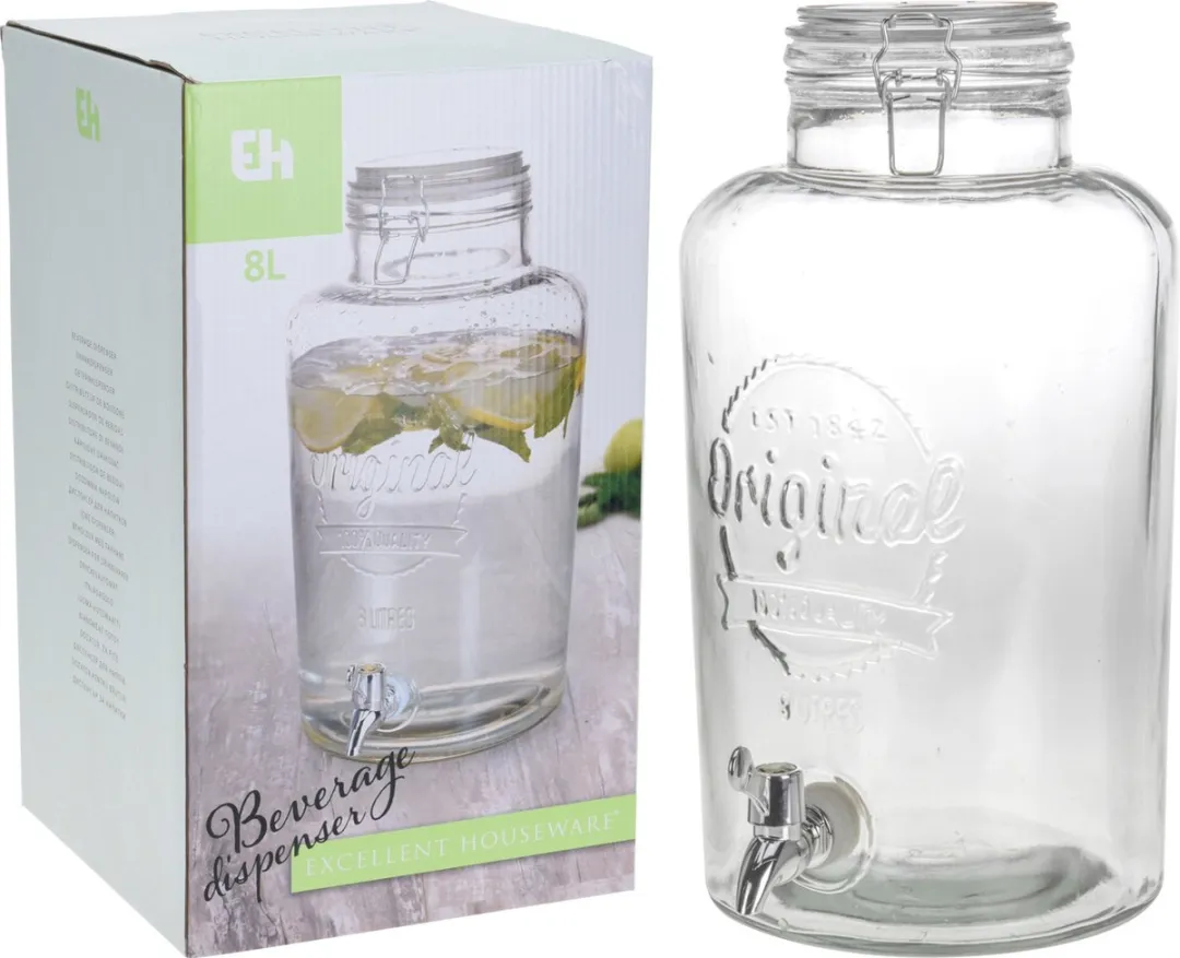 Excellent Houseware HANOO Drankdispenser Glas 8L - Transparant - afbeelding 6 van 6
