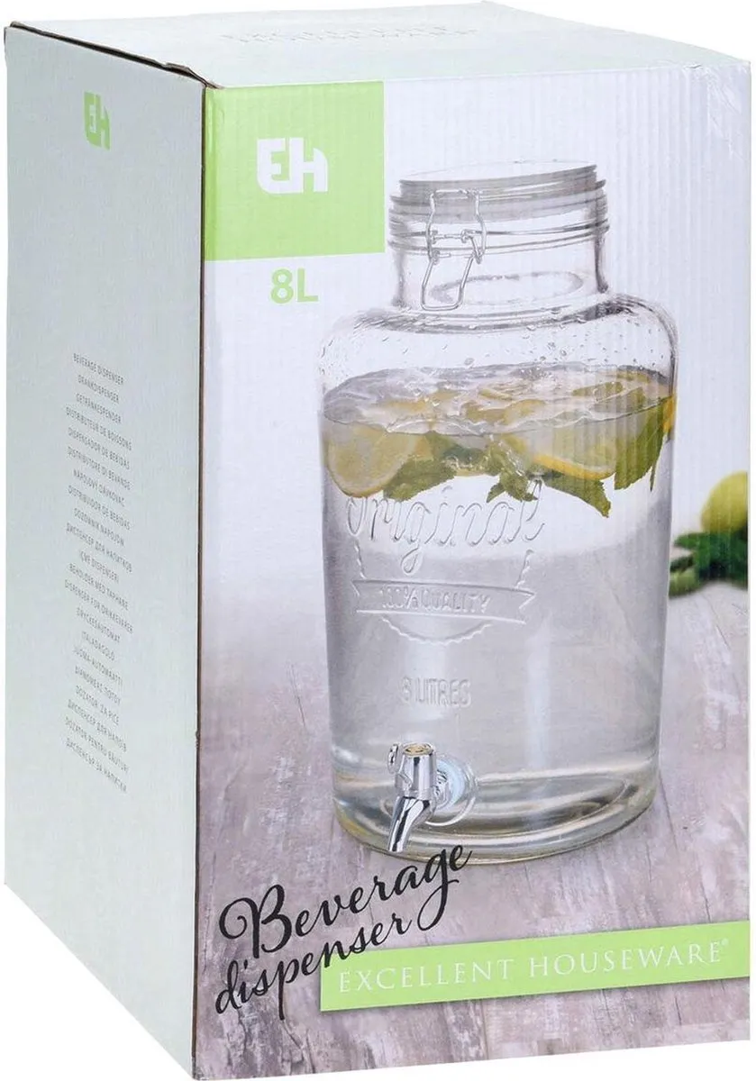 Excellent Houseware HANOO Drankdispenser Glas 8L - Transparant