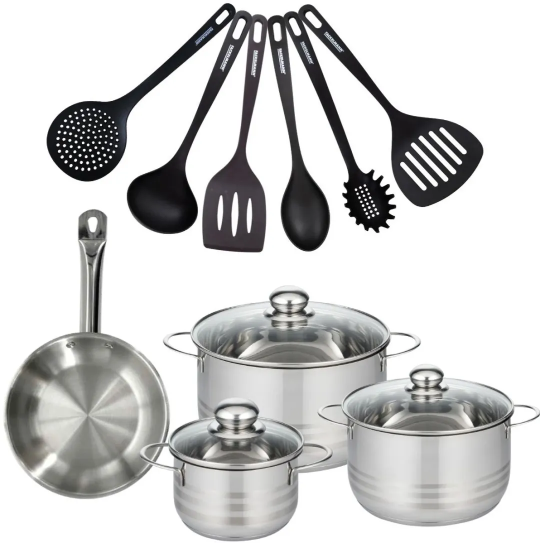 Fackelmann Kookset 9350650 - 1 Pan 20cm + 3 Potten 16/20/24cm + 6 Keukengerei - Roestvrij staal/Zwart