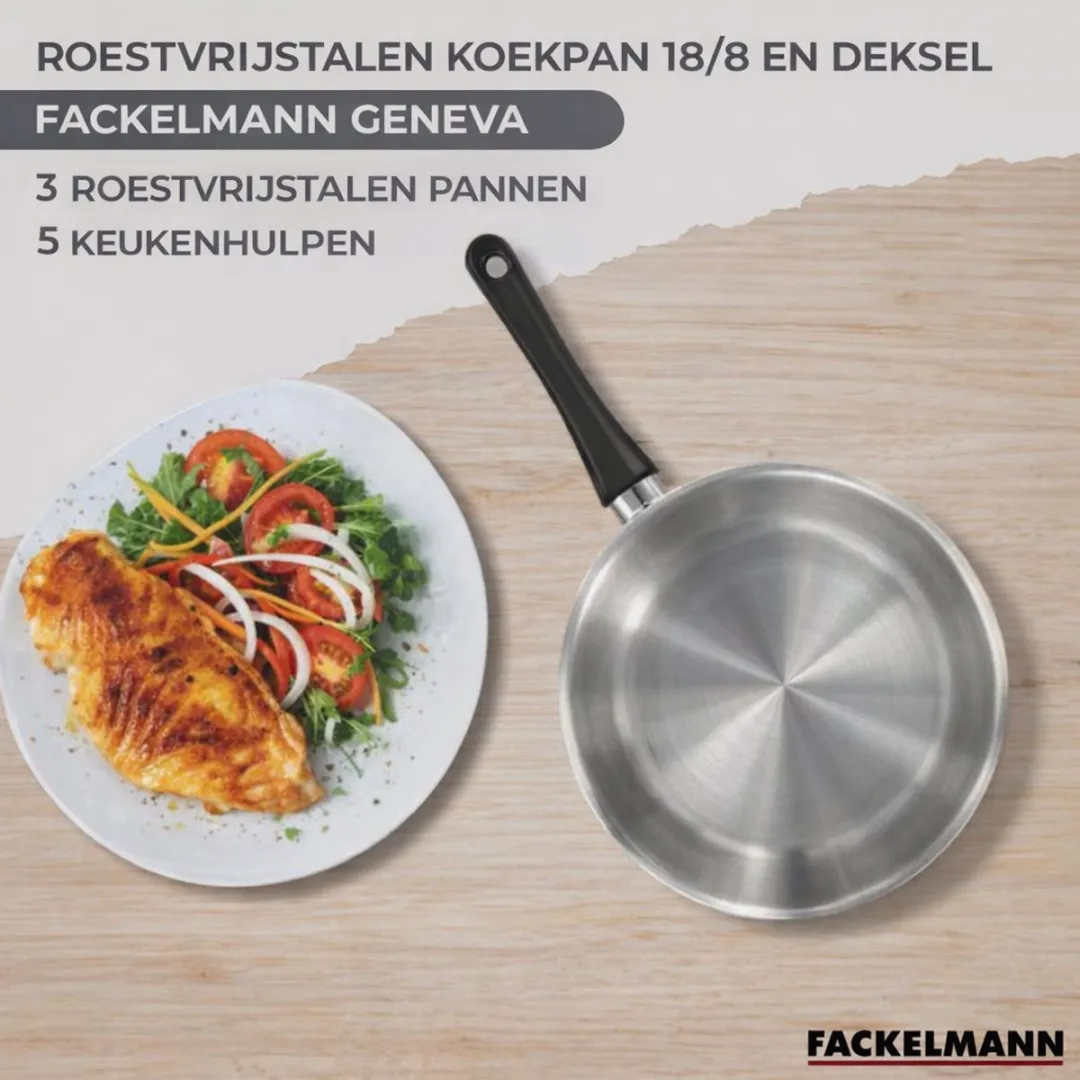 Fackelmann Geneva Roestvrijstalen Koekenpan & Kookpanset 16/20/24cm - 6 Stuks Keukengerei