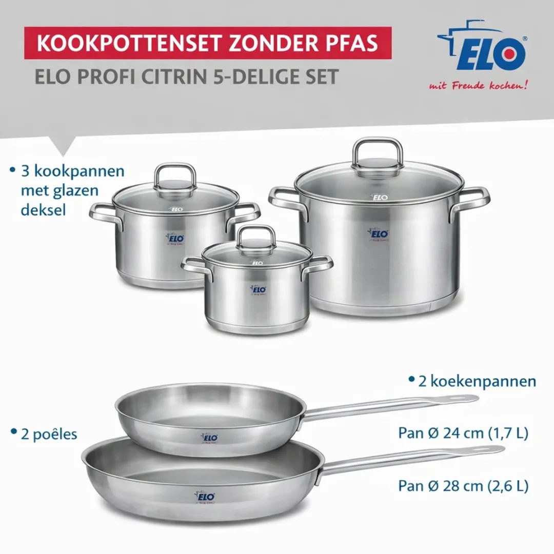Fackelmann Elo Profi Keukenset 5-delig - 2 Bakpannen 24/28cm 3 Steelpannen 12/14/16cm - Inductie - Roestvrij staal