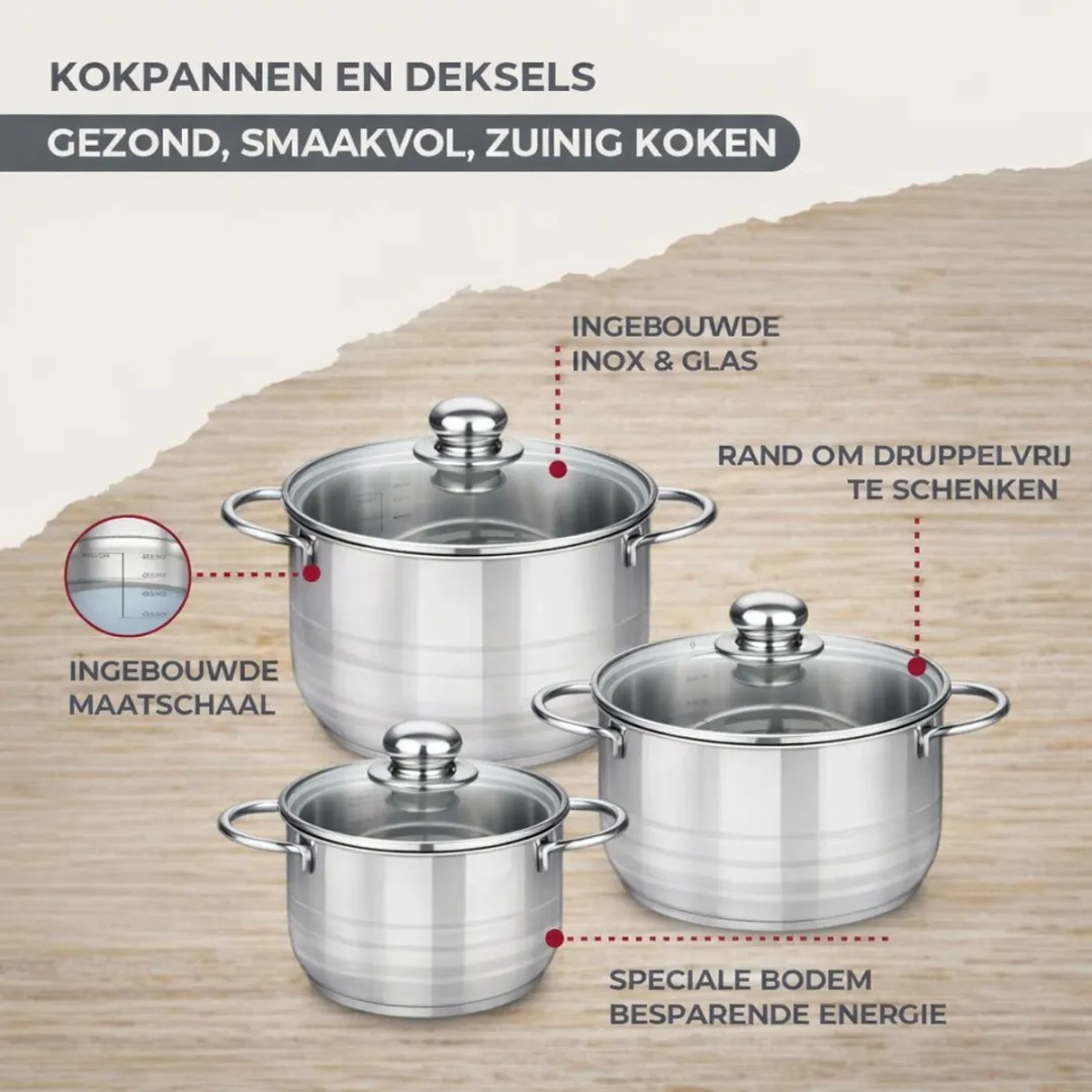 Fackelmann 9358750B88 Kookset - 4 Pannen 16/20/24cm + Keukengerei - Roestvrij staal