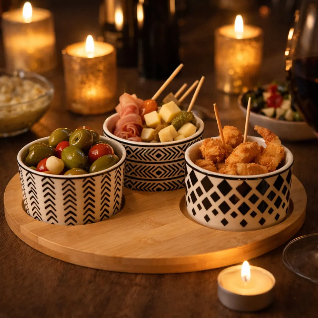 Alpina Tapas Set 4-delig - Borrelplank met 3 Schaaltjes - Hout - Wit/Zwart