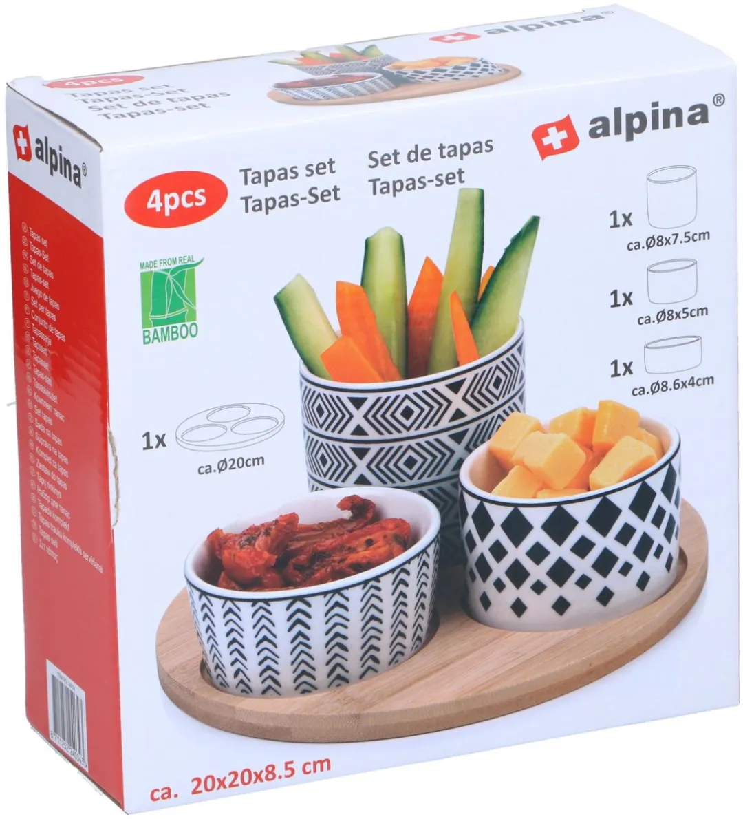 Alpina Tapas Set 4-delig - Borrelplank met 3 Schaaltjes - Hout - Wit/Zwart