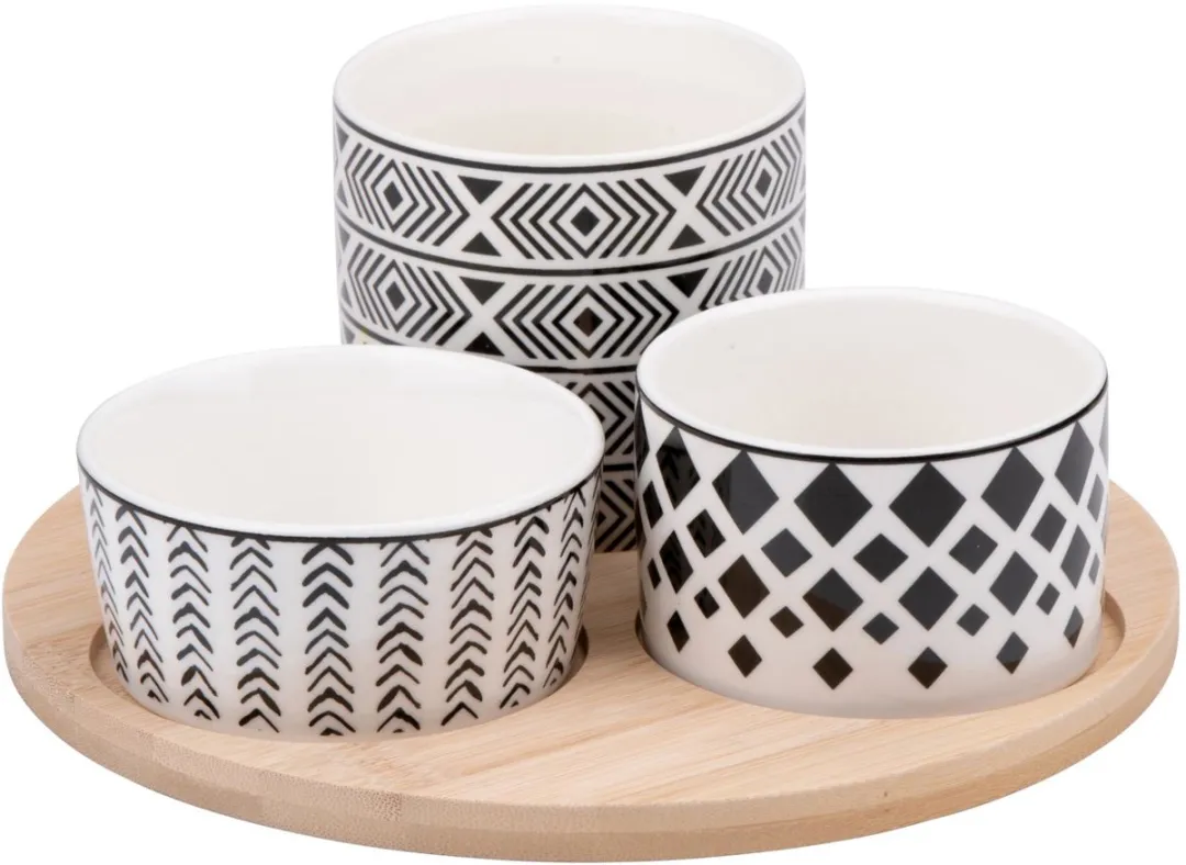 Alpina Tapas Set 4-delig - Borrelplank met 3 Schaaltjes - Hout - Wit/Zwart