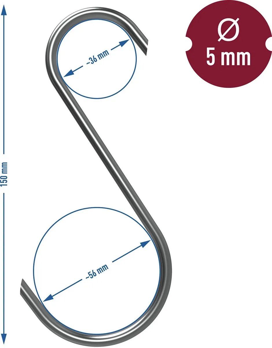 Browin S-vormige Vleeshaken 150mm Ø5mm - 5 Stuks