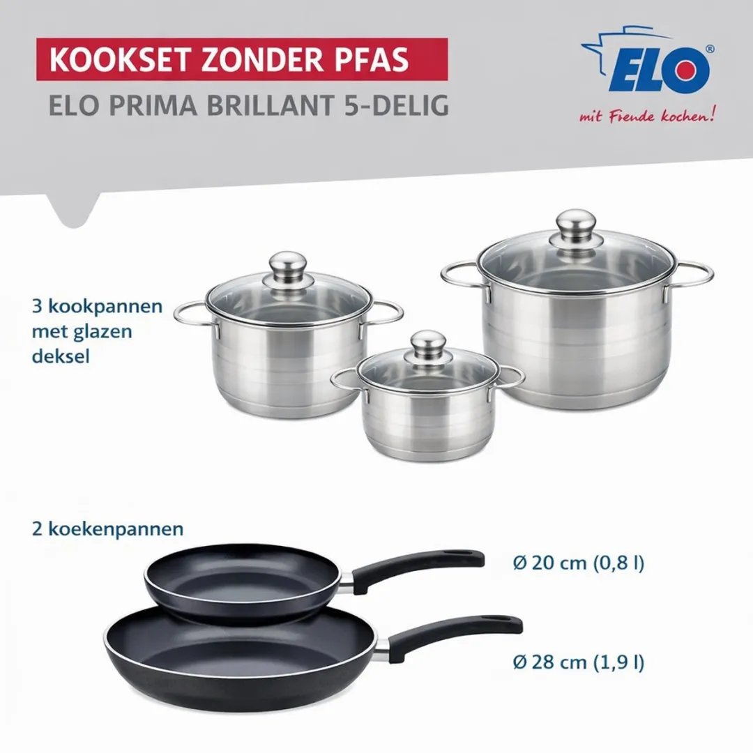 Fackelmann Elo Prima Keukengerei Set 5-delig - 2 Koekenpannen 20/28cm & 3 Kookpotten 12/20/24cm