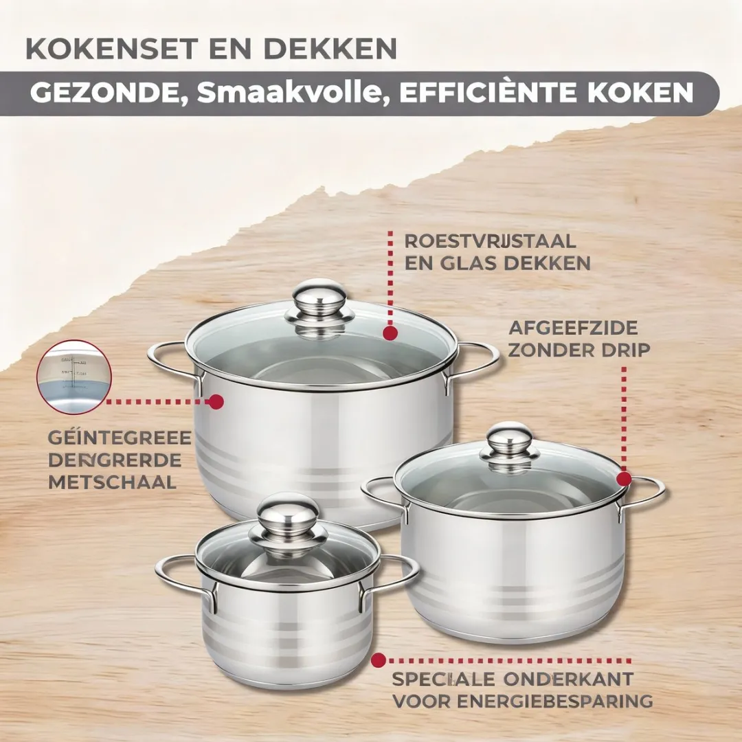 Fackelmann 9355950 Set 3 Pannen 20/24/28cm & 3 Potten 16/20/24cm - Roestvrij staal - Zwart