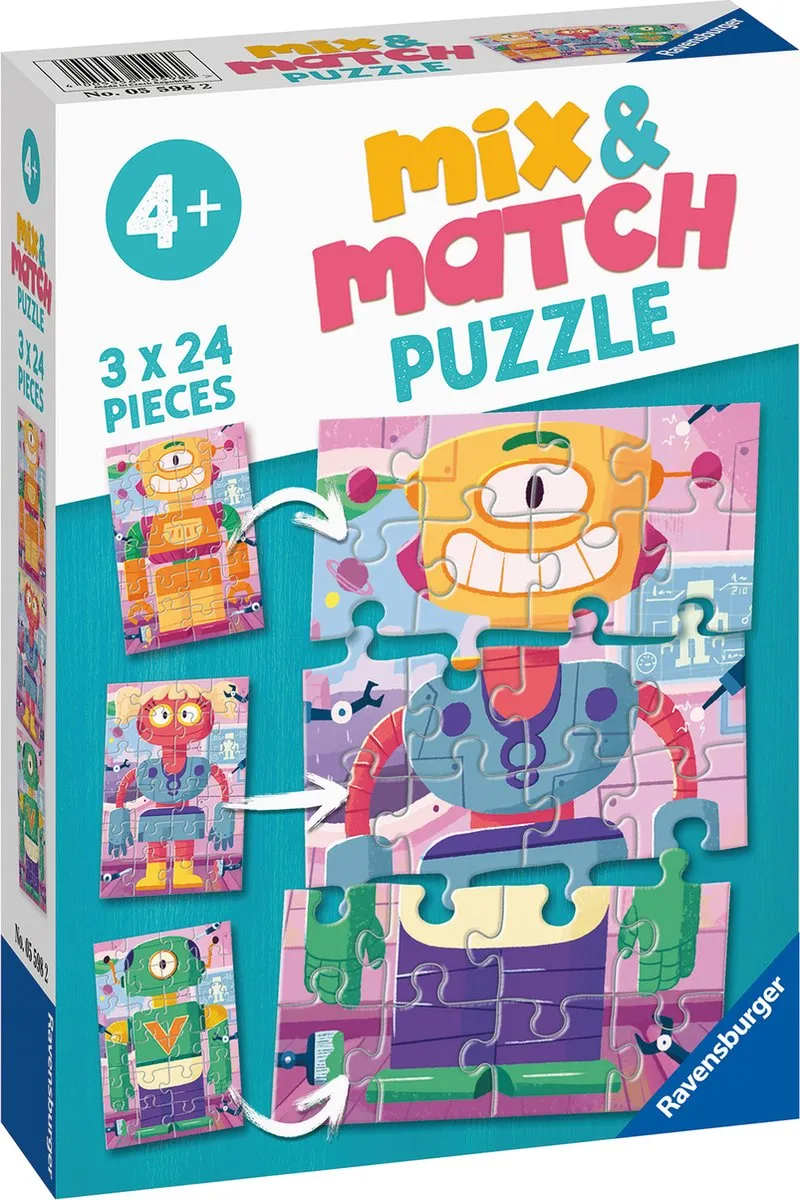 Ravensburger Mix & Match Schattige Robots Legpuzzel 24 Stuks - 3x24