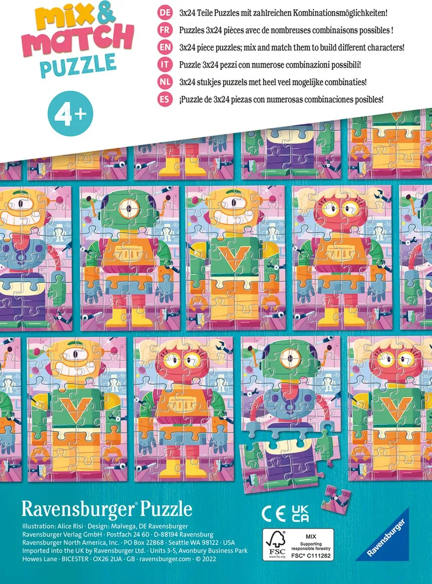 Ravensburger Mix & Match Schattige Robots Legpuzzel 24 Stuks - 3x24