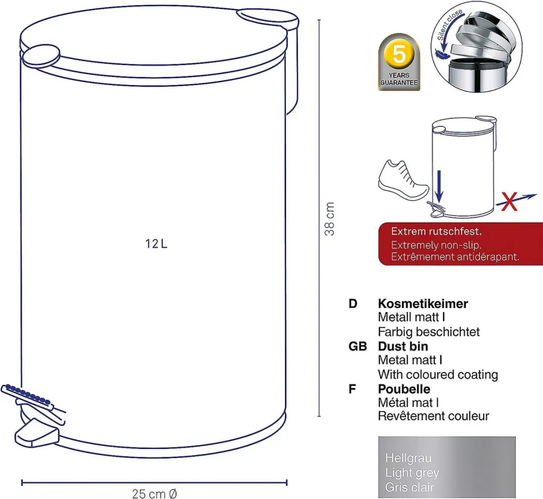 Kela Pedaal Afvalemmer 12L - Lichtgrijs MPN 10640 - afbeelding 6 van 6