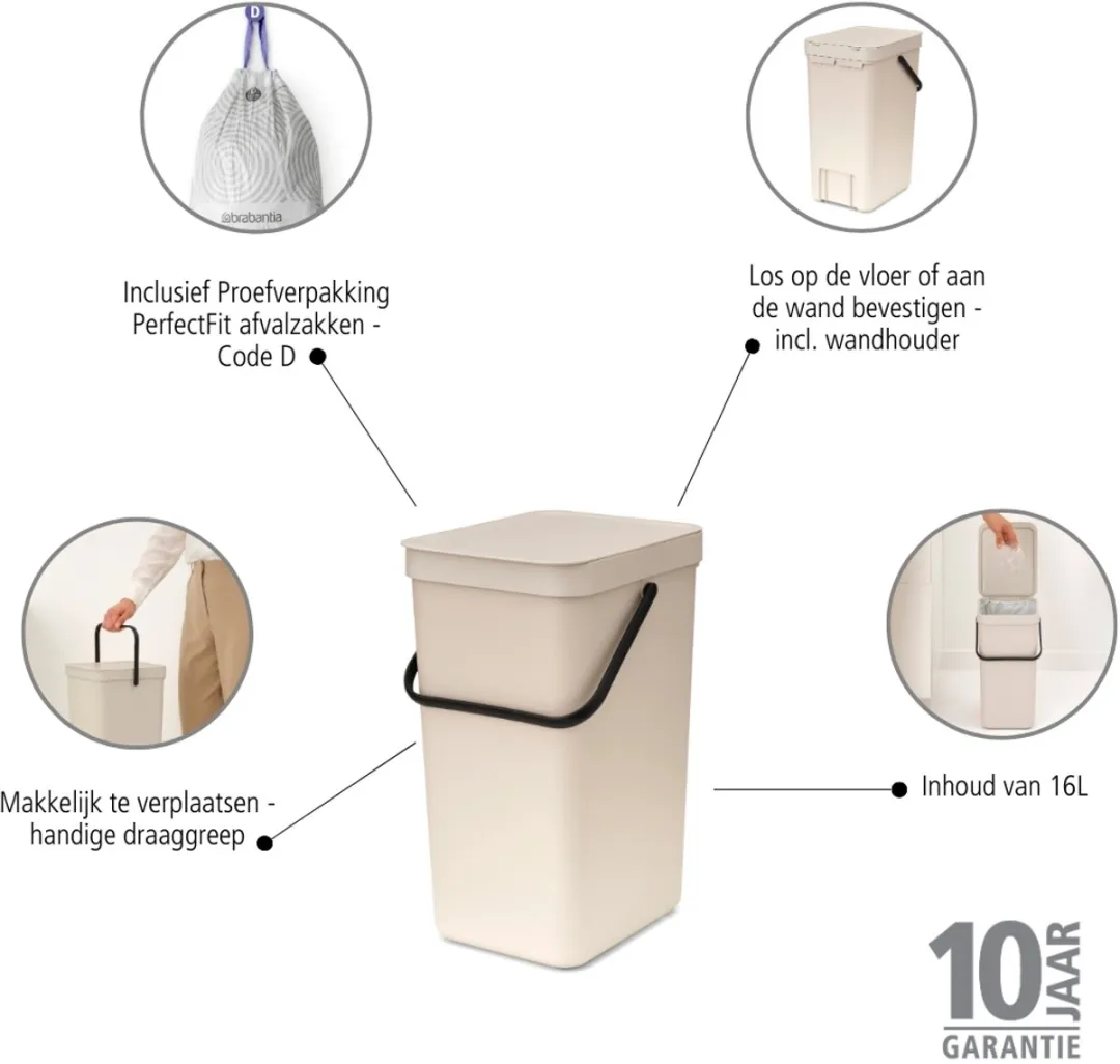 Brabantia Sort & Go Prullenbak 16L - Soft Beige - afbeelding 6 van 6