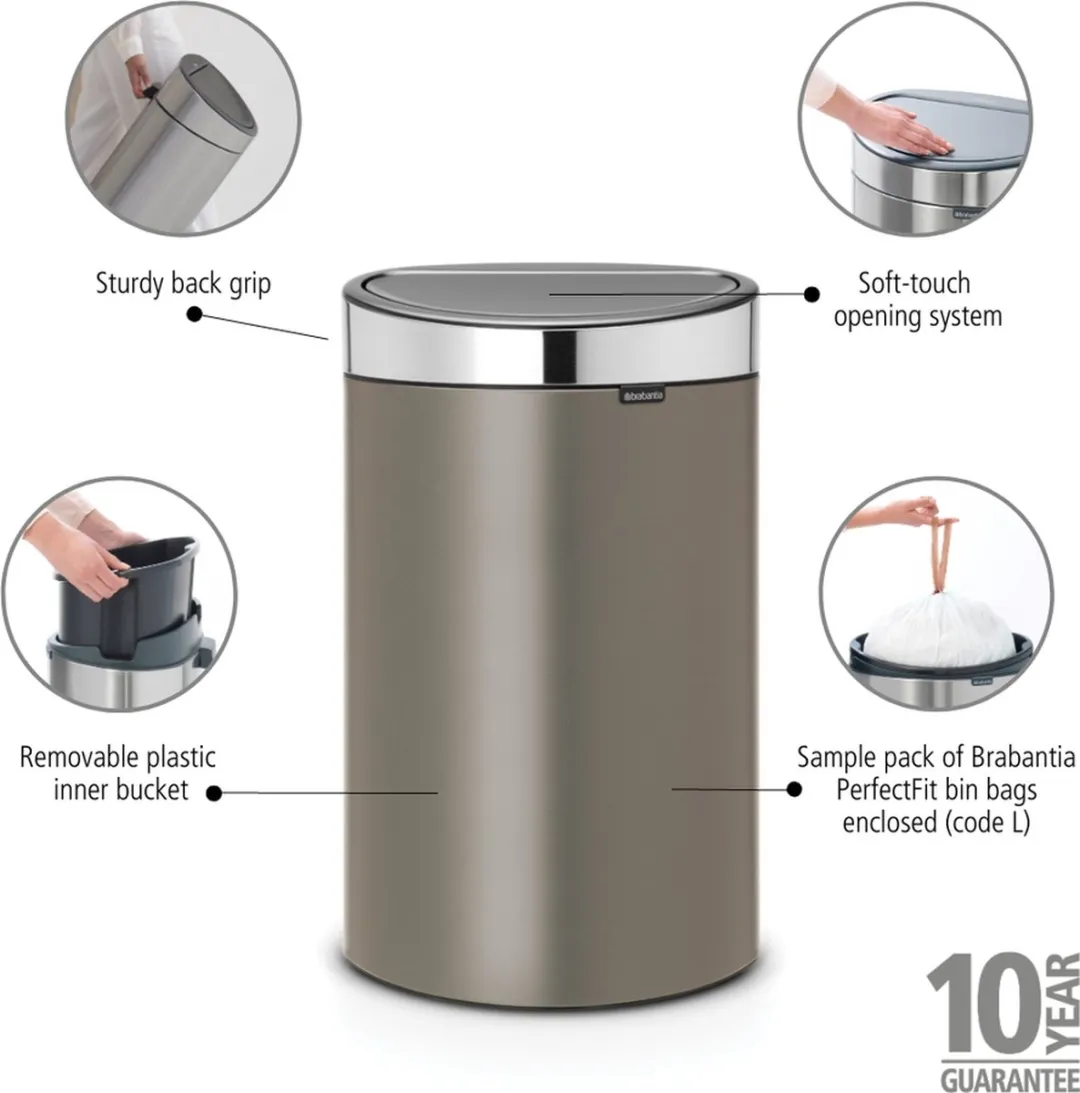 Brabantia Touch Bin Prullenbak 40L - Platinum/Matt Steel