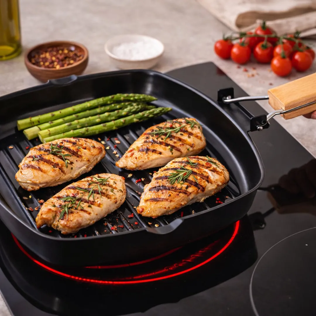 Alpina Inklapbare Grillpan 24x24cm - Zwart/Houtskleur