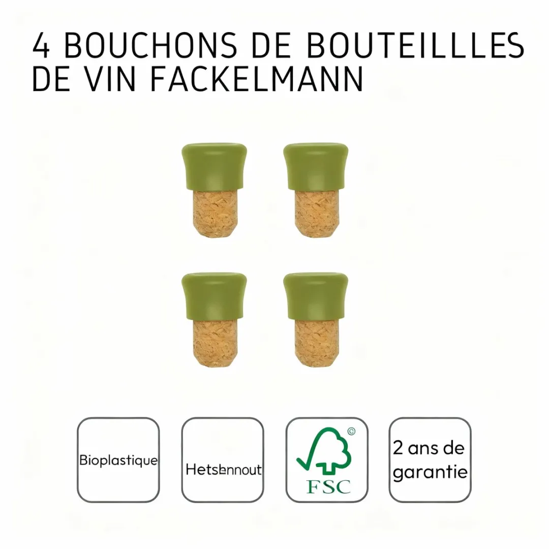 Fackelmann 687074 Kurkstoppen - 4 Stuks - Bioplastic - 2,5x4cm - Groen