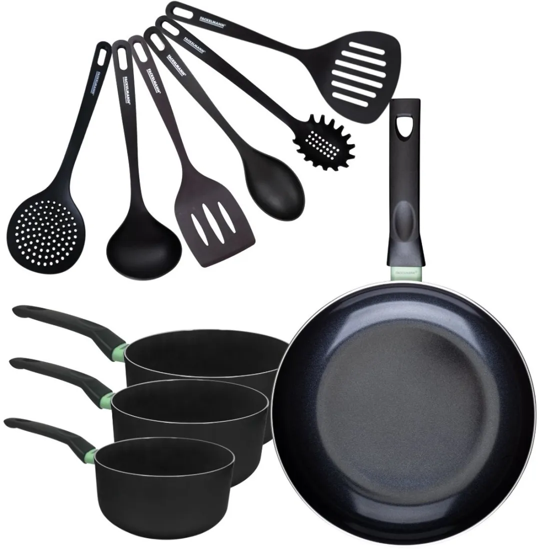 Fackelmann 9432750 Set Kookpannen 16-30cm - 4 Stuks + 6 Keukengerei - Zwart/ Groen