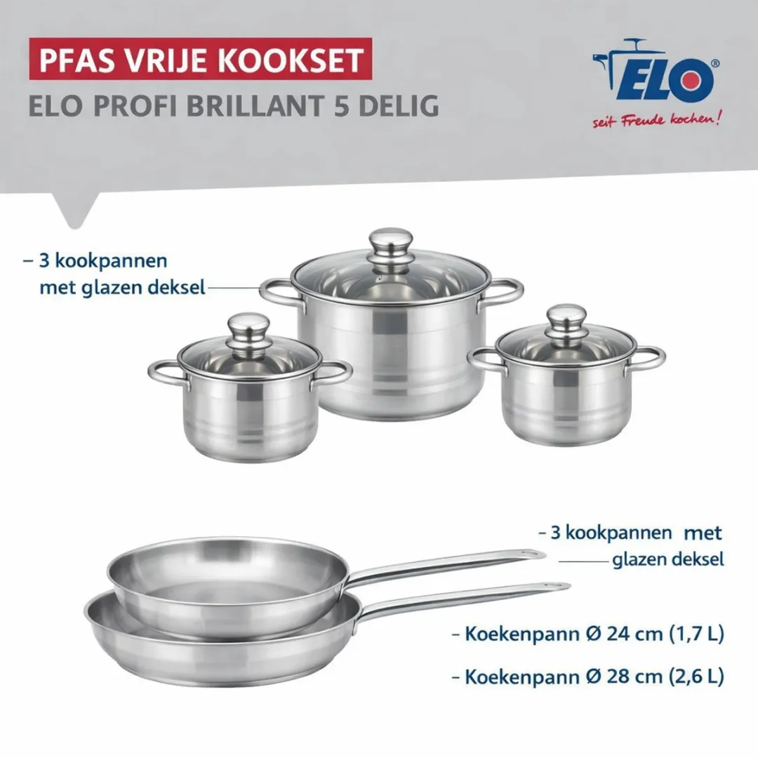 Fackelmann Elo Profi Brillant Keukenset 5-delig - 2 Koekenpannen 24/28cm & 3 Kookpotten 12/16/20cm