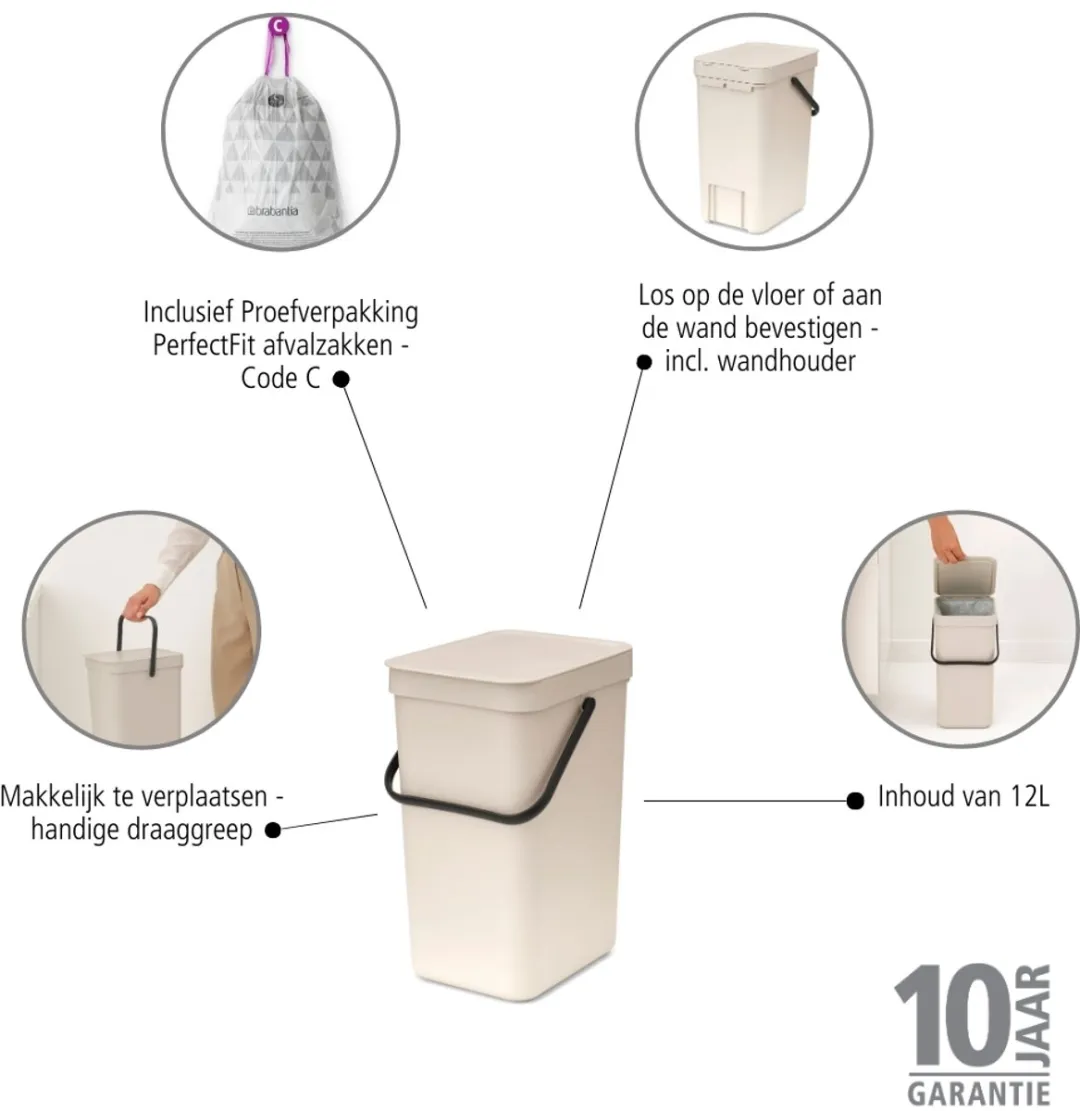 Brabantia Sort & Go Prullenbak 12L - Soft Beige - afbeelding 6 van 6