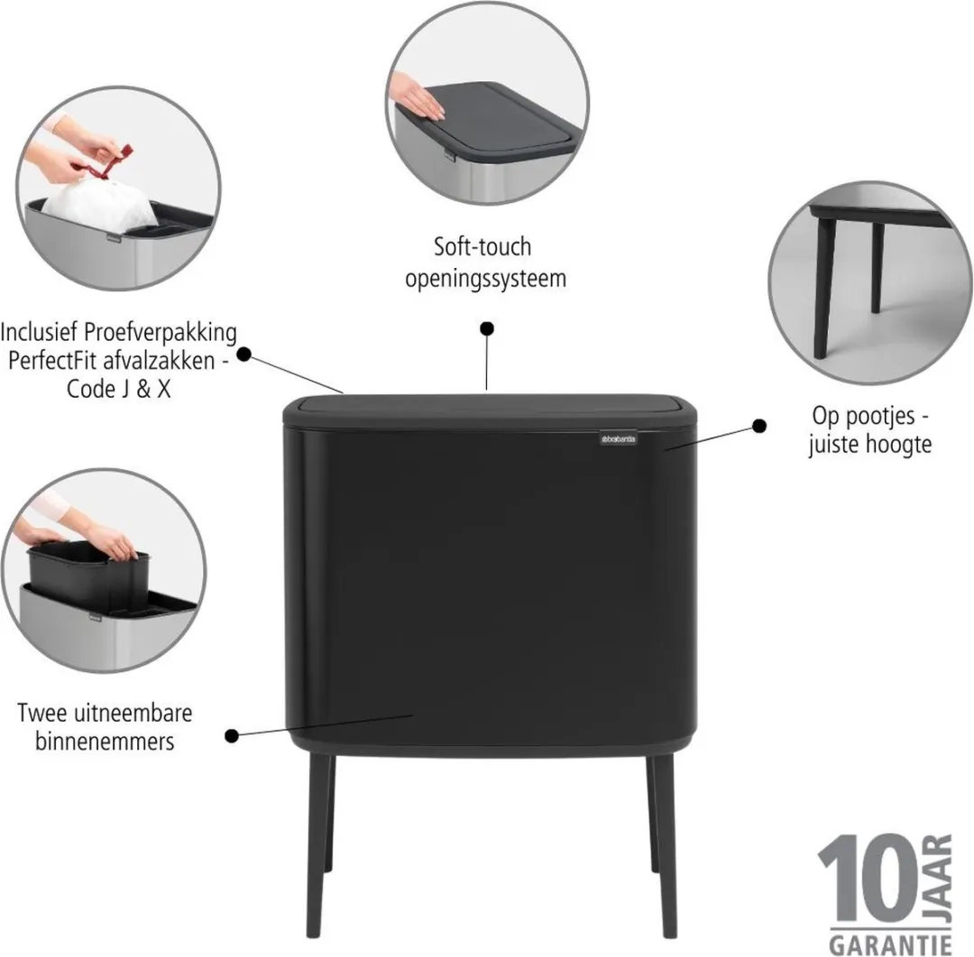 Brabantia Bo Touch Bin Prullenbak 34L - 2 Vakken Matt Black