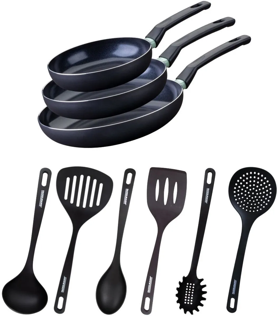 Fackelmann 9431850 Anti-aanbakset 3 pannen 20/24/28cm - 6 stuks keukengerei - Zwart/Groen