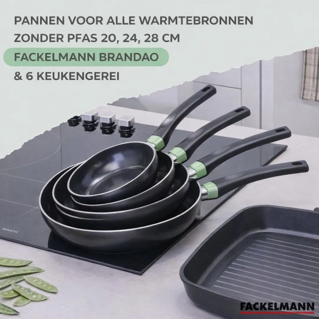 Fackelmann 9431850 Anti-aanbakset 3 pannen 20/24/28cm - 6 stuks keukengerei - Zwart/Groen