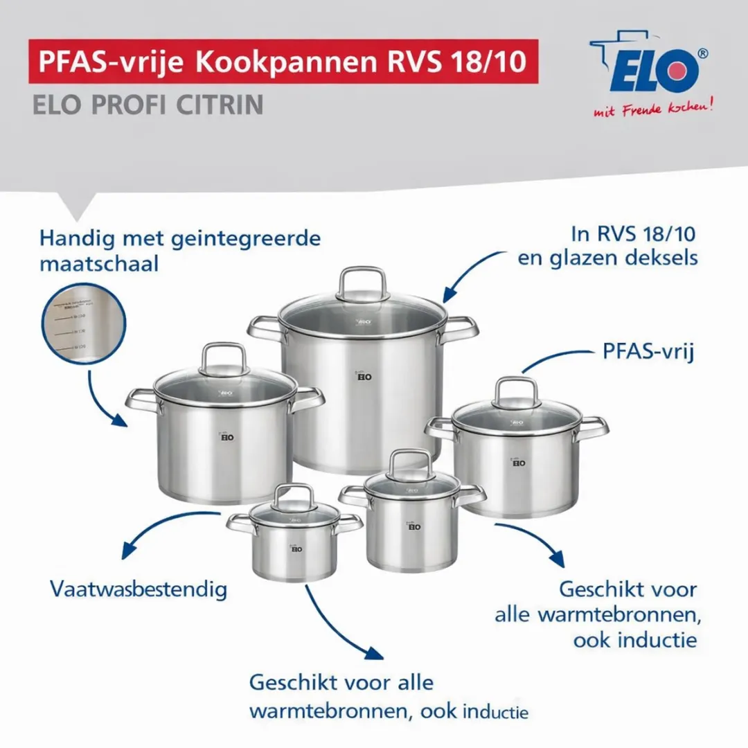 Fackelmann Elo Profi Keukenset 5-delig - 2 Bakpannen 24/32cm & 3 Kookpotten 12/14/20cm - Inductie - Roestvrij staal - afbeelding 6 van 6