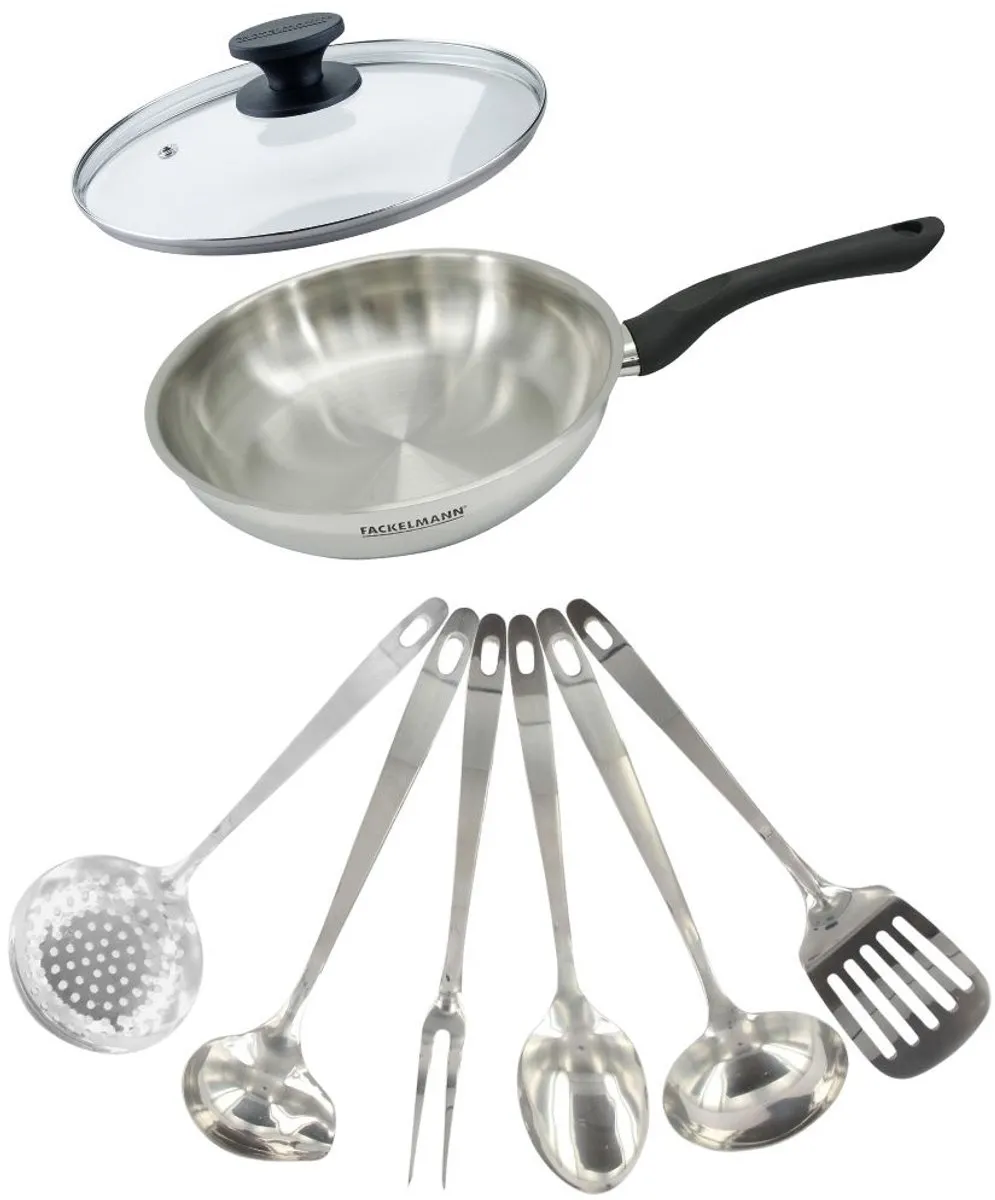 Fackelmann 9445450 Koekenpan 24cm - Roestvrij staal met glazen deksel en 6 keukengerei