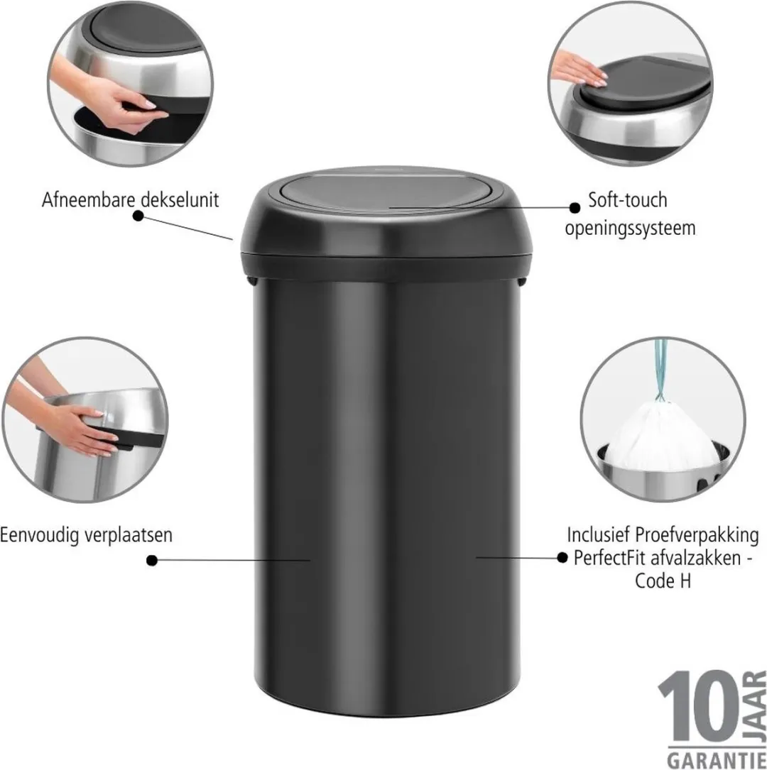 Brabantia Touch Bin Prullenbak 60L - Matt Black - afbeelding 6 van 6