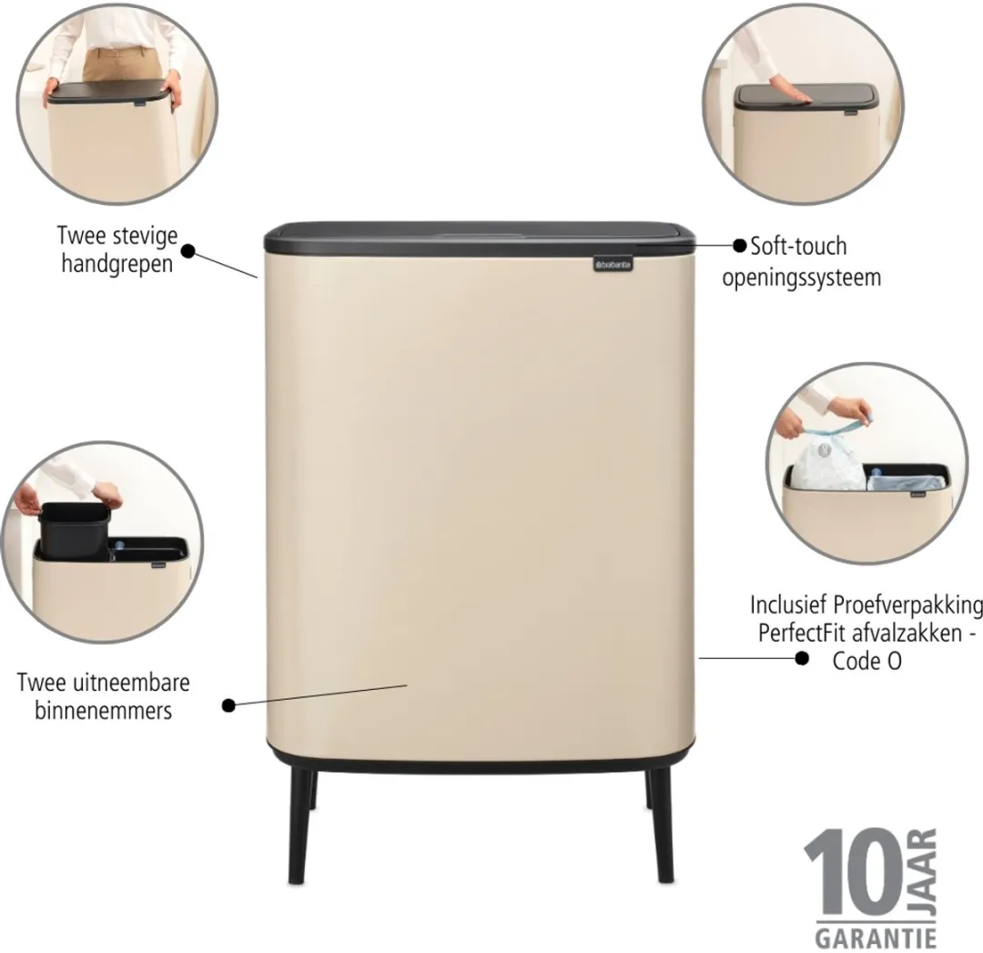 Brabantia Bo Touch Bin Hi Prullenbak - 2 x 30 liter - Afvalscheiding - Soft Beige