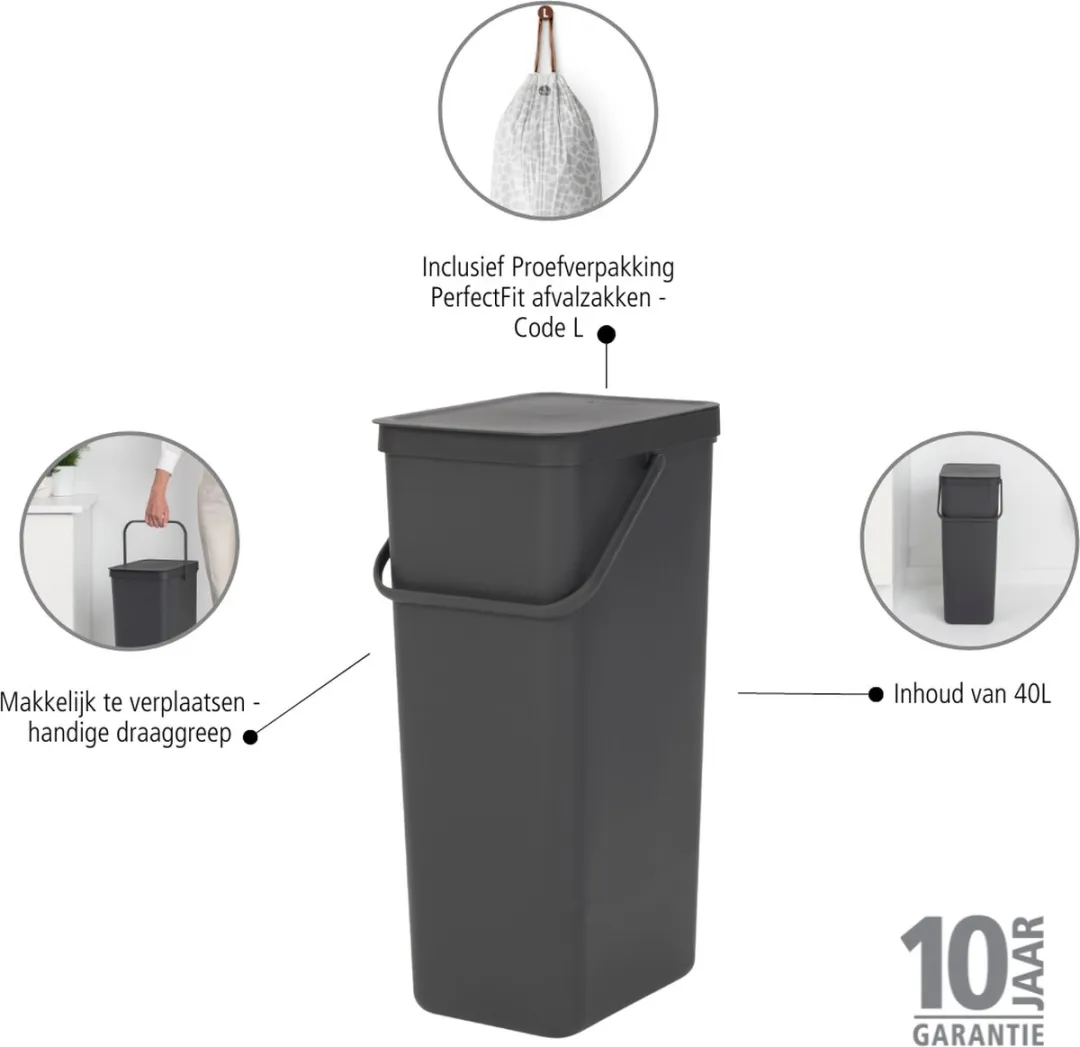 Brabantia Sort & Go Prullenbak 40L - Dark Grey
