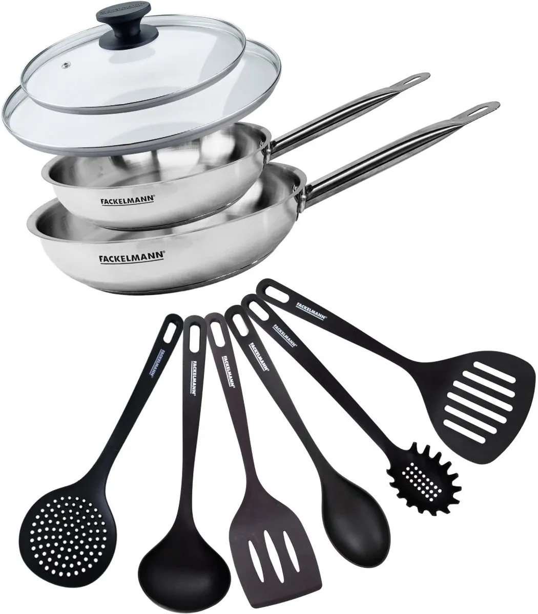 Fackelmann 2-delige Roestvrijstalen Pan Set 24/28cm - 2 Glazen Deksel & Keukengerei