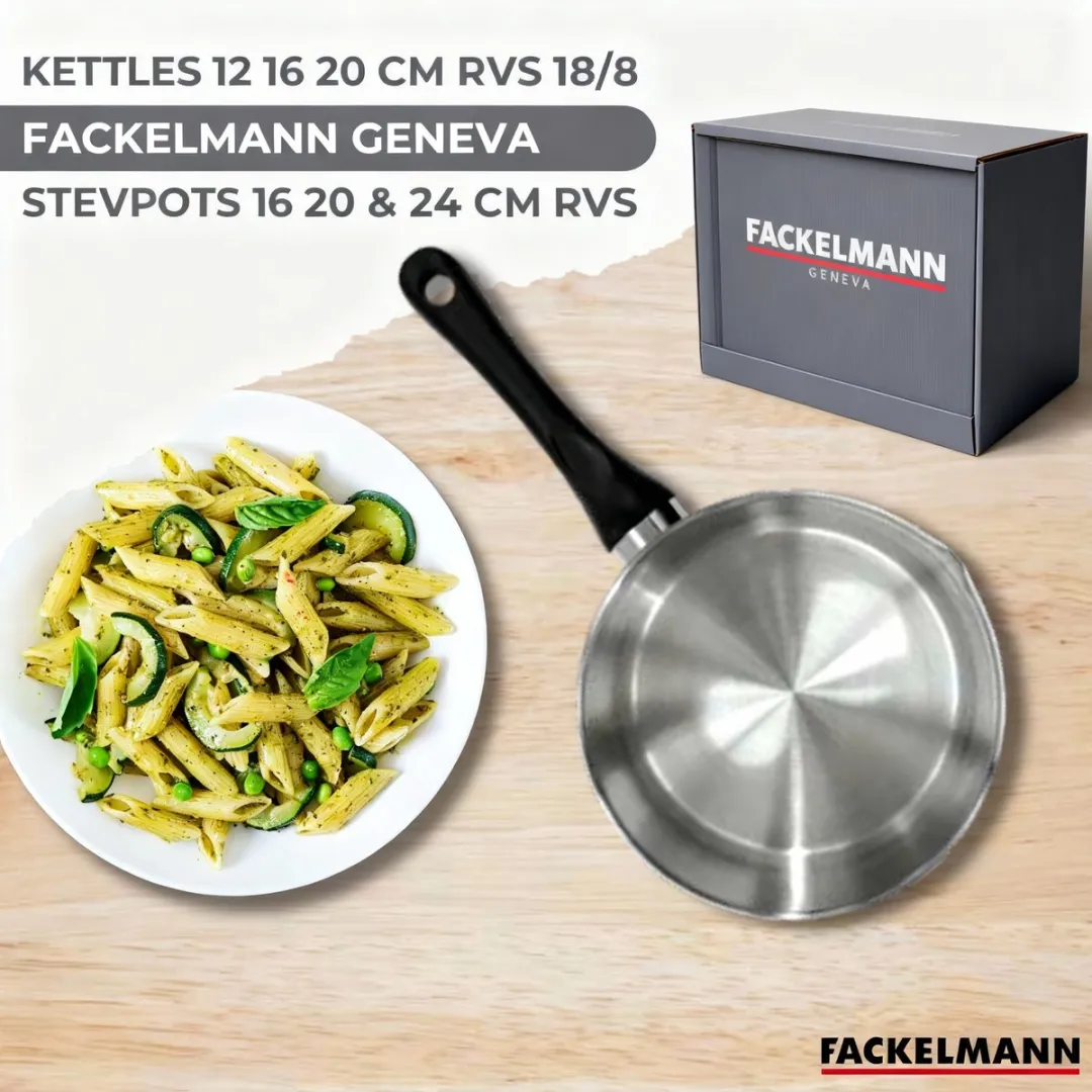 Fackelmann Geneva Roestvrijstalen Kookset 3 Pannen & 3 Steelpannen - 16/20/24cm & 12/16/20cm - Zwart