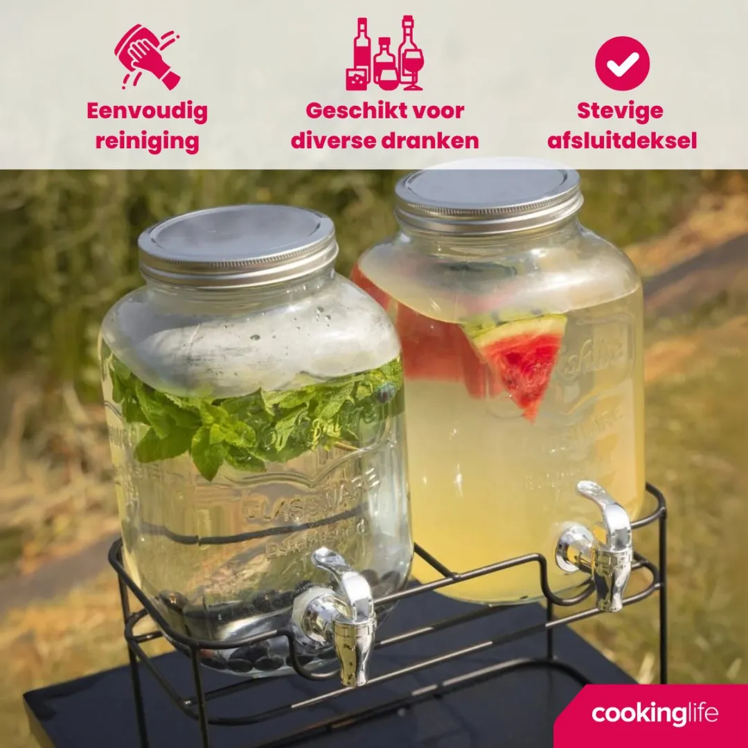 Cookinglife Dubbele Drankdispenser 8L - Glas - Zwart