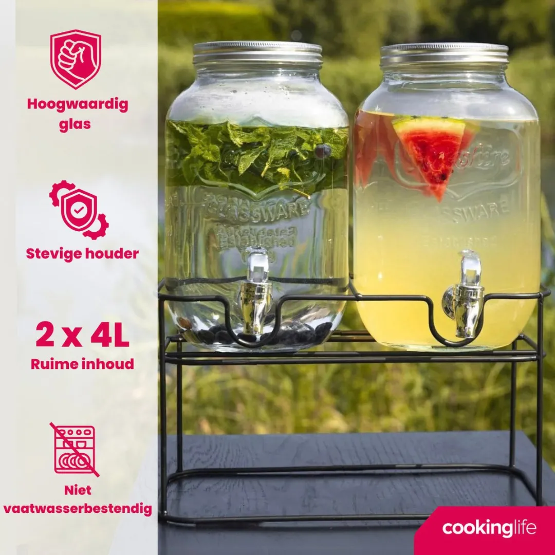 Cookinglife Dubbele Drankdispenser 8L - Glas - Zwart