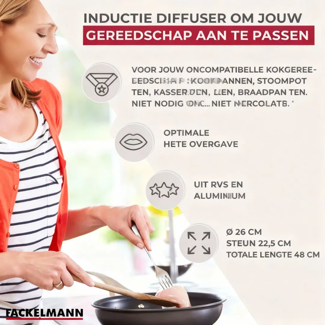 Fackelmann 682608 Inductie Adapter, Warmteverspreider, Verspreidingsplaat, Schakel Schijf, voor Pannen, Kookpotten, Braadpannen, Stoofpannen, Koffiezetapparaten, Kookgerei, RVS, Aluminium, 26 cm